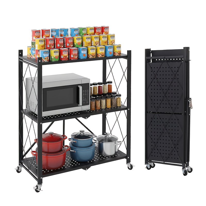 No Assembly Foldable Storage Shelf With Wheels, Foldable Rolling Heavy Duty Storage Rack, Collapsible Space Organizer For Kitchen Bathroom Pantry Bedroom Office, Utility Racks