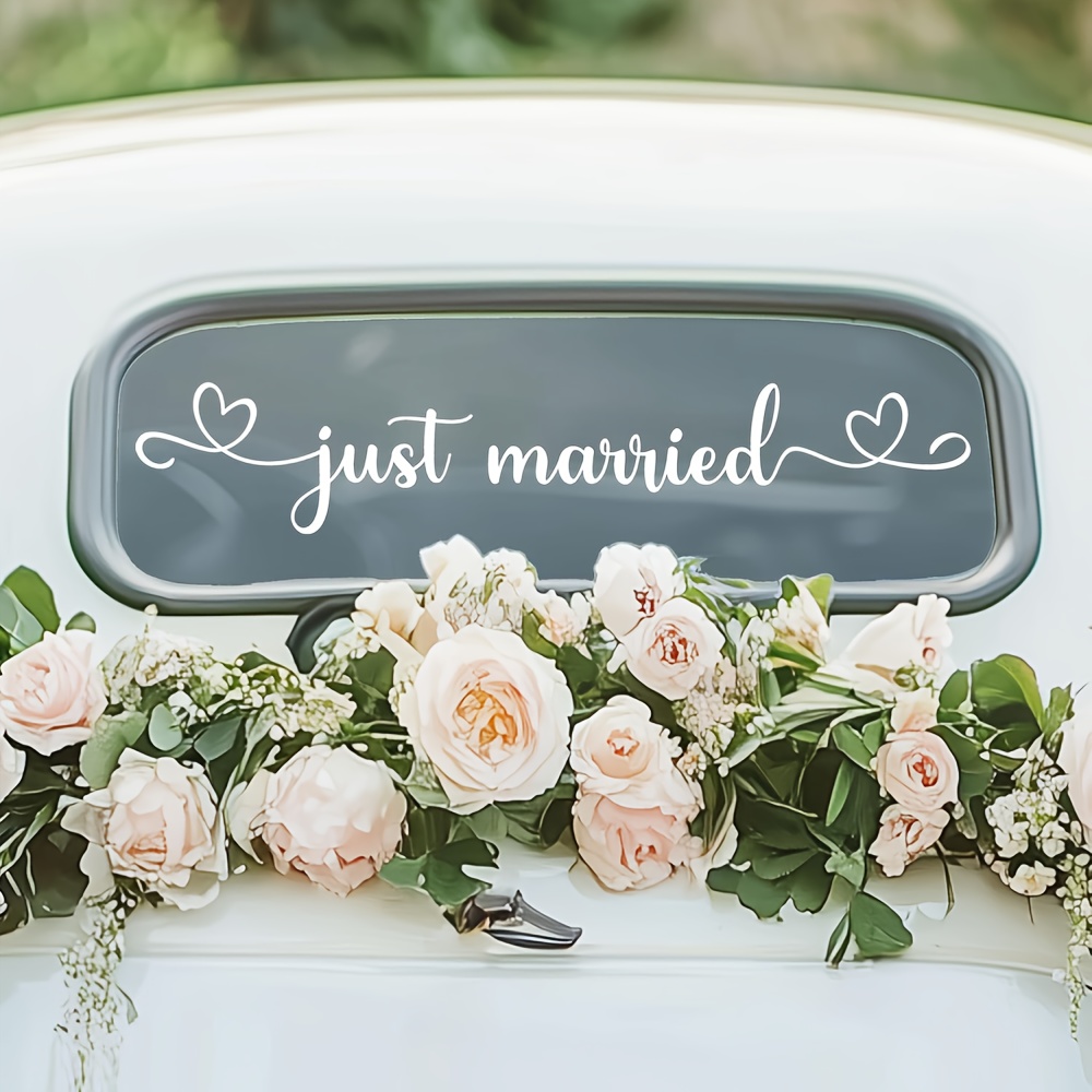 Image of Just Married Vinyl Car Window Decal - White Removable Sticker For Wedding Send-off, Bride And Groom Honeymoon Car, Engagement Party Or Just Married Celebration Car Decoration