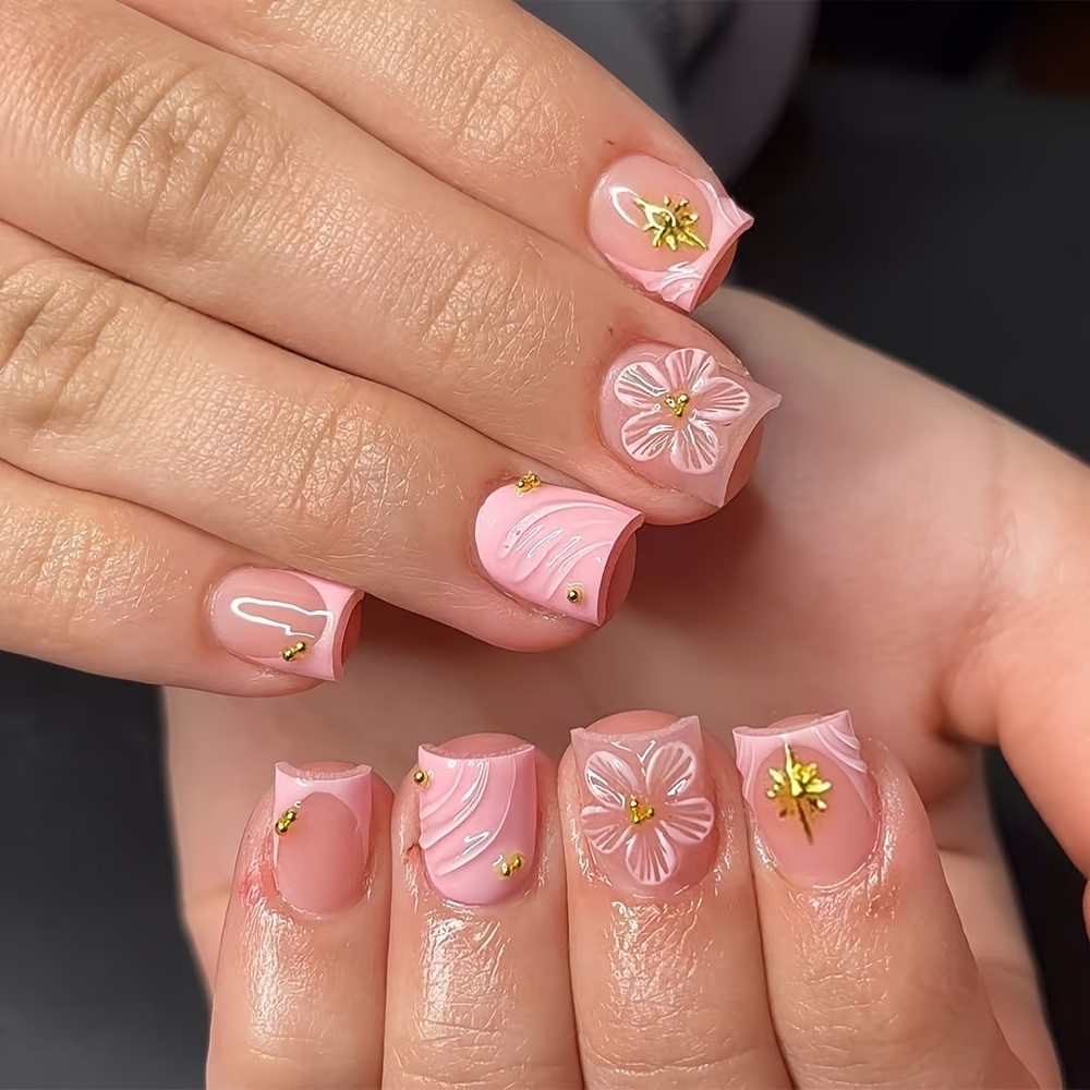 TEMU 24pcs Short Square Press On Nails, Sheer Nude Base Flared French Tips, Handcrafted 3d Pink Flower And Metal Stud Decor, Glossy Curved Texture ,