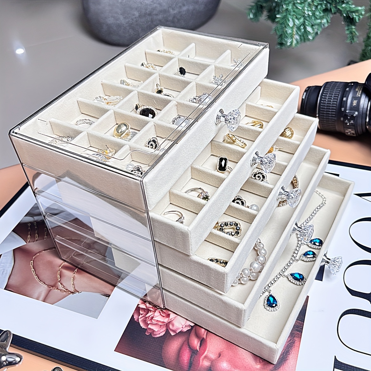   organizer box with beige gray elegant desktop storage case with clear lid multiple compartments slots for rings necklaces bracelets durable plastic construction for   boutique perfect gift for christmas valentines weddings no assembly needed home decor accessory stylish display polished   bridal accessories jewelry boxes Product details 9