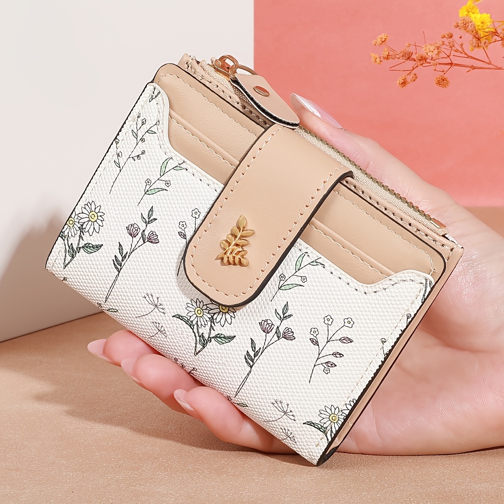 TEMU 1pc Petit portefeuille tendance pour femmes - Motif floral, fermeture à bouton-pression, idéal pour cartes et pièces de monnaie