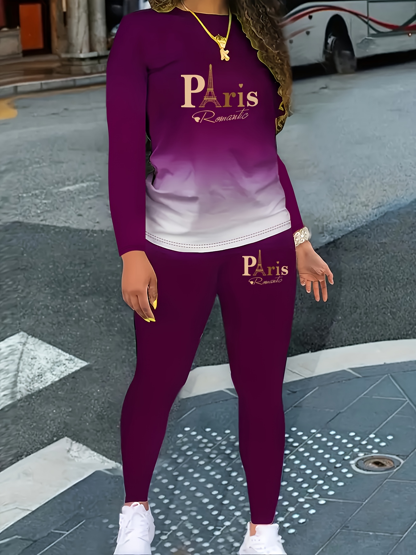 Gradient Paris Letter Print Casual Autumn And Winter Long Sleeve Round Neck Women'S Pants Two-Piece Set