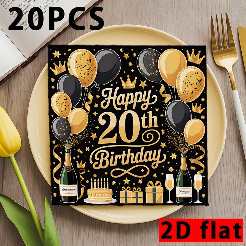 TEMU Lot de 20 serviettes plates 2D, 20e Anniversaire avec ballons dorés et noirs, couronnes, gâteau, champagne, cadeaux et décorations de fête,