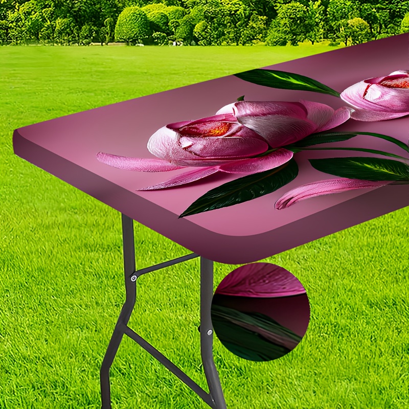 TEMU 1pc Outdoor Tablecloth - , Pink Floral And Art Perfect Combination Pattern Print, Outdoor Table Cover, Perfect For Camping, Picnics, And Garden