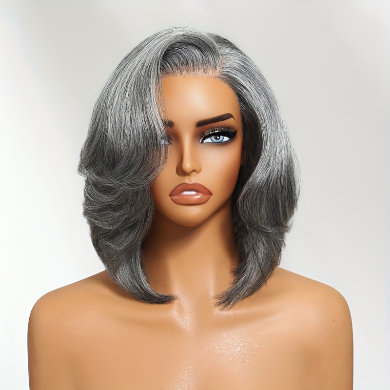 TEMU Klaiyi Human Hair Grandma Grey Short Bob Wig With Pre-cut Lace Front - Grey Hairpiece For & Fashion Ladies, Short Bob Hairstyle, Look For Grandmothers, Comfortable Wearable Hair