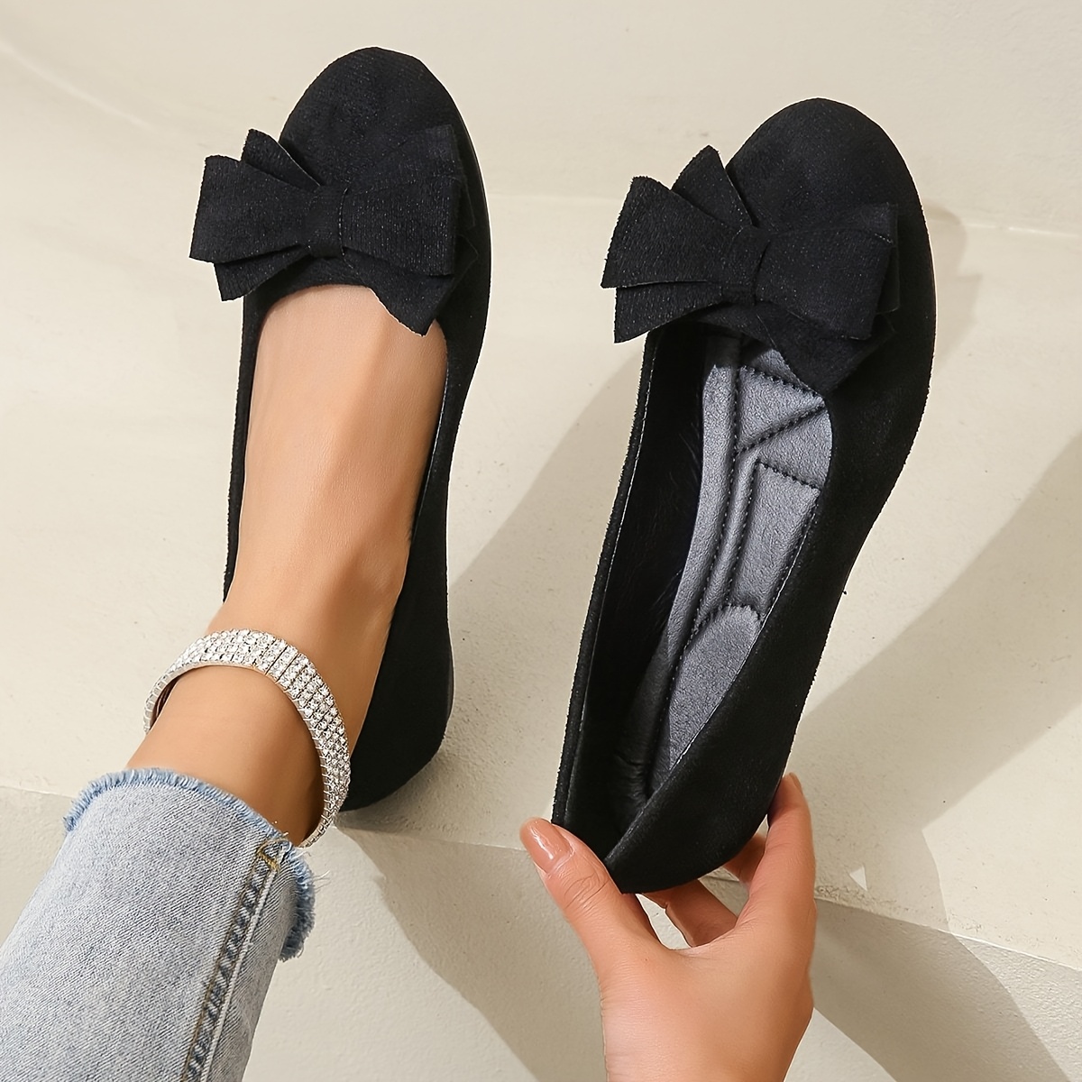 

Women' Round Head Black Trade Large Size Bow 1 Strap Ballet Flat Single Shoes