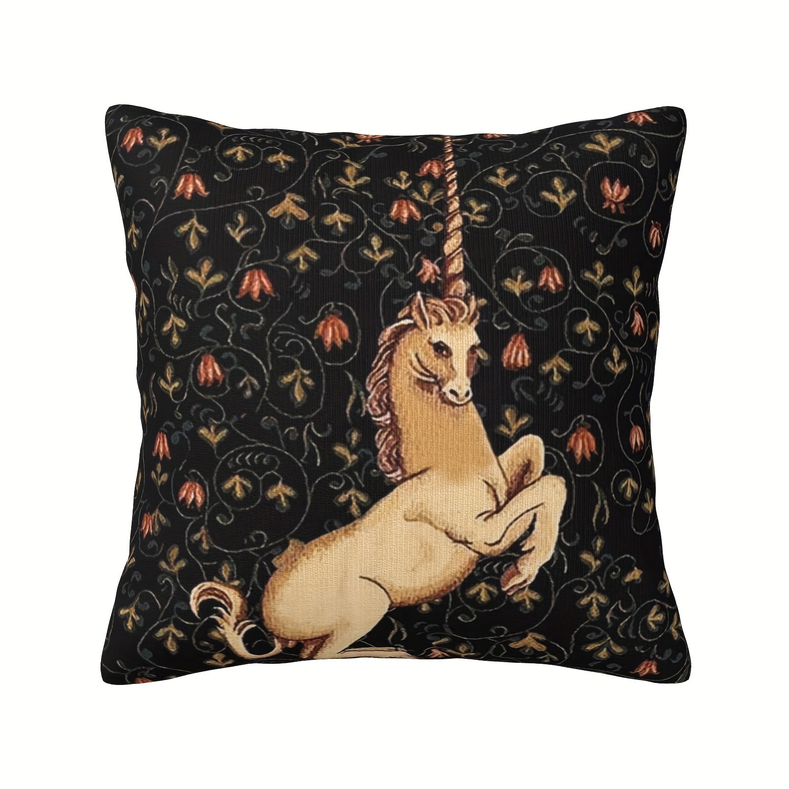 

Medieval Unicorn & Floral Tapestry - Soft Short Plush Pillow Cover, Single-sided Print, Zip Closure - Sofa, Living Room, Bedroom Decor (pillow Not Included)