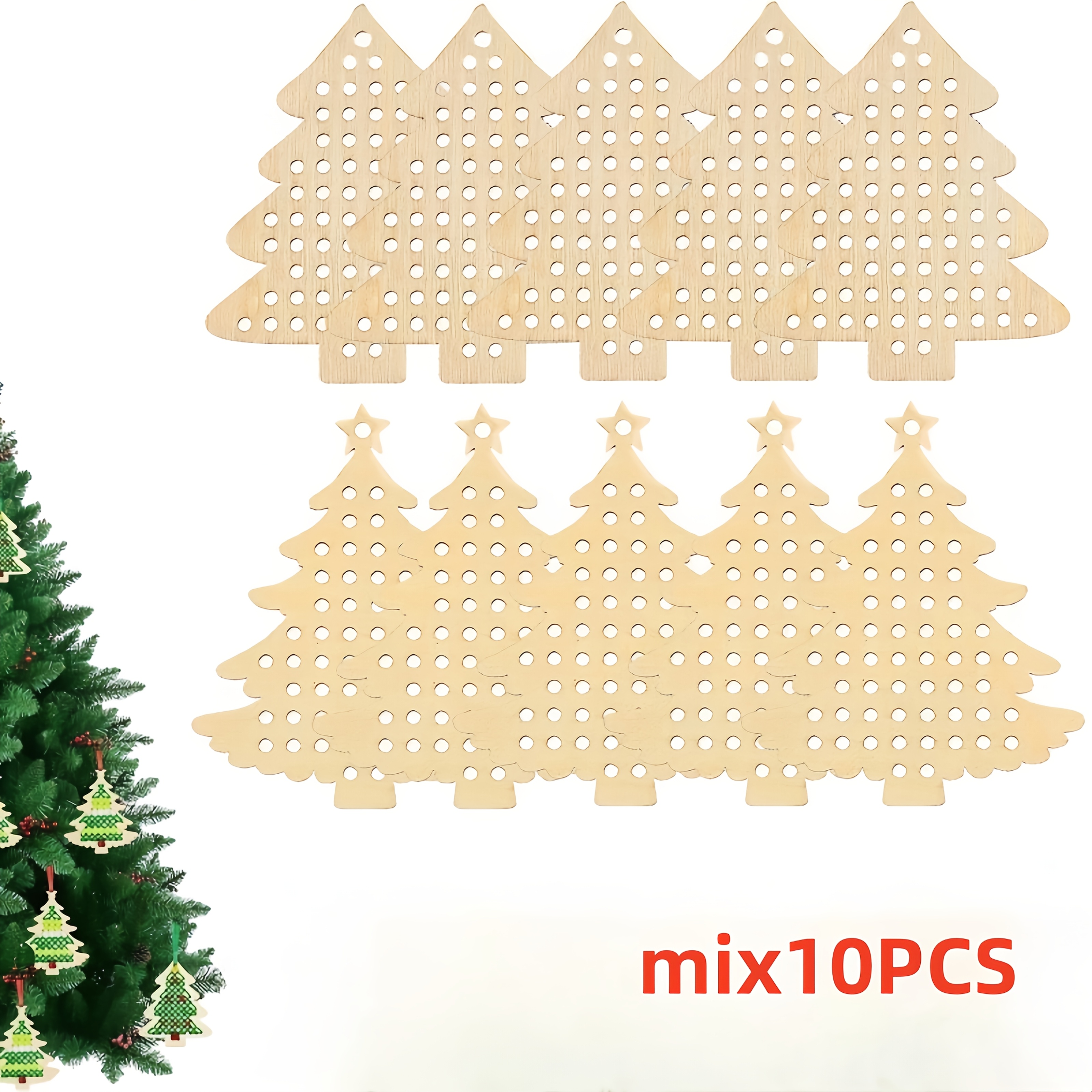 Image of Mix 10pcs Wooden Cross Stitch Christmas Tree Pieces (without Colored Ropes) Handmade Craft Set Of Wooden Pieces Suitable For Sewing And Diy Christmas Decoration Unpainted Wood