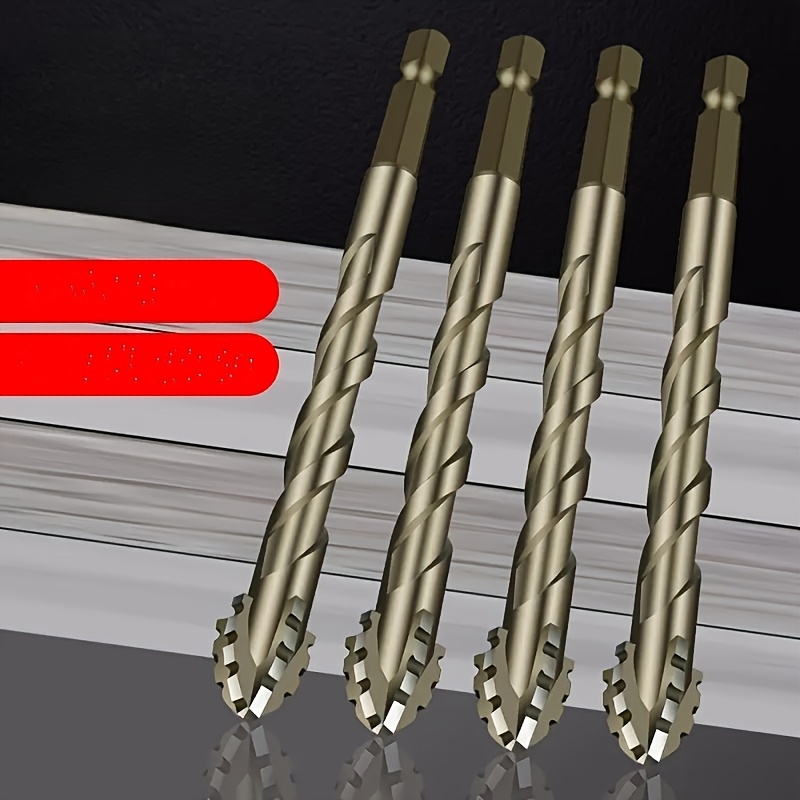 

4pcs High-performance Carbide Drill Bits – Golden, Wear-resistant, Four- Serrated Design For Ceramic Tiles, Glass, Marble, Concrete, And Stainless Steel Alloys – Ideal For Dry Drilling Applications