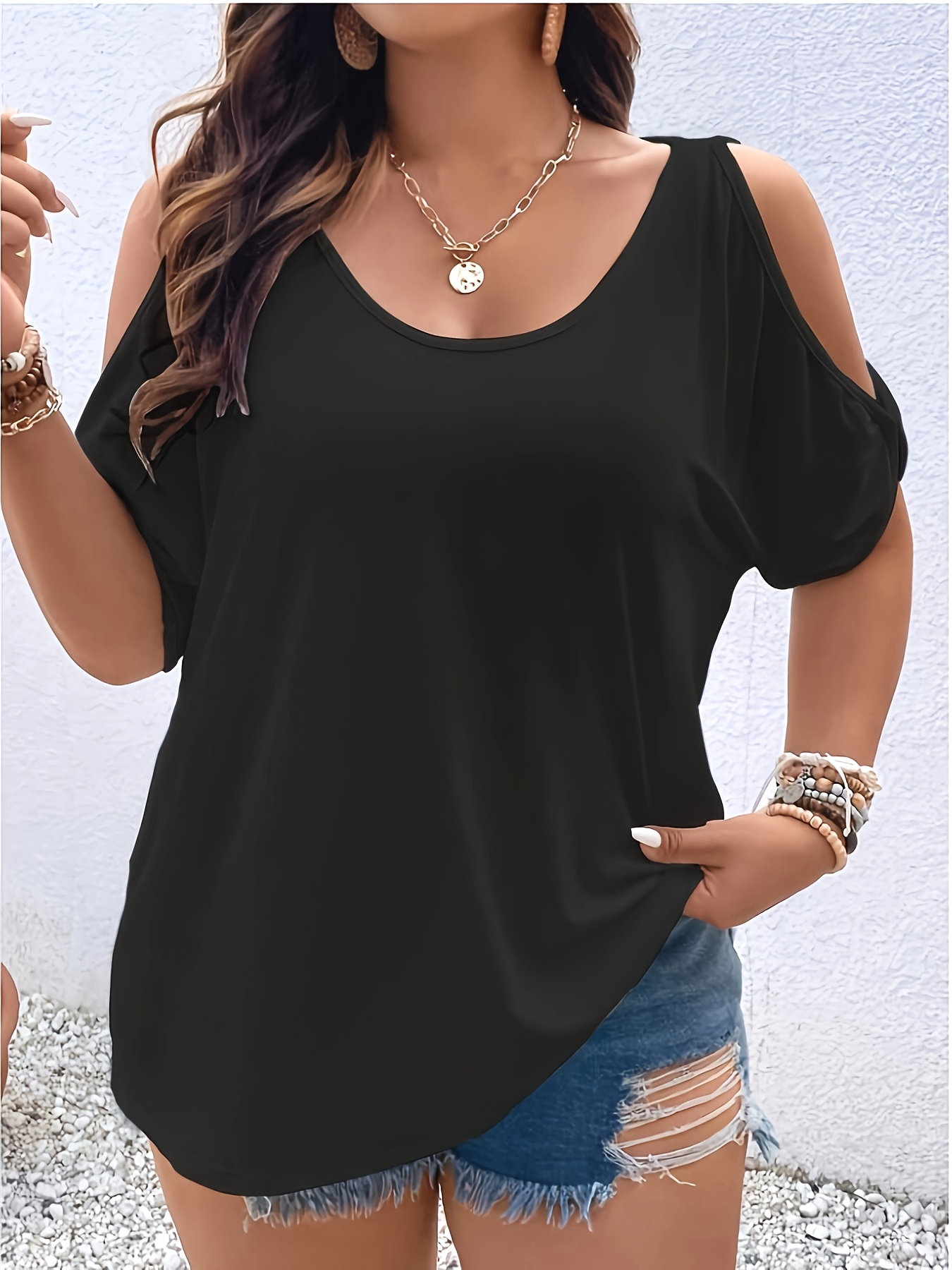Women's Elegant Off-Shoulder Round Neck T-Shirt - Soft Stretchy Fabric, Solid Color Summer Casual & Formal Wear, Hand Wash Only, Everyday Comfort Tee, Elegant Shirt, Comfortable Fit Shirt
