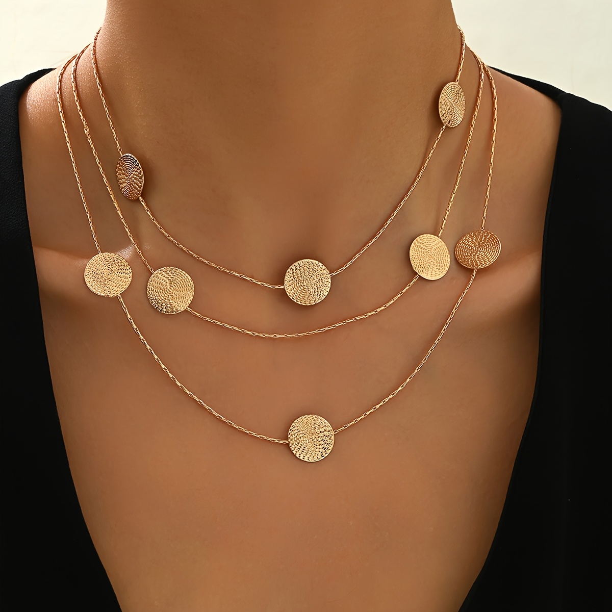Image of 1pc Summer Women's Necklace Retro Bohemian Golden Geometric Spiral Circular Fingerprint Piece Three-layer Superimposed Necklace Clavicle Chain Temperament All-match Additions