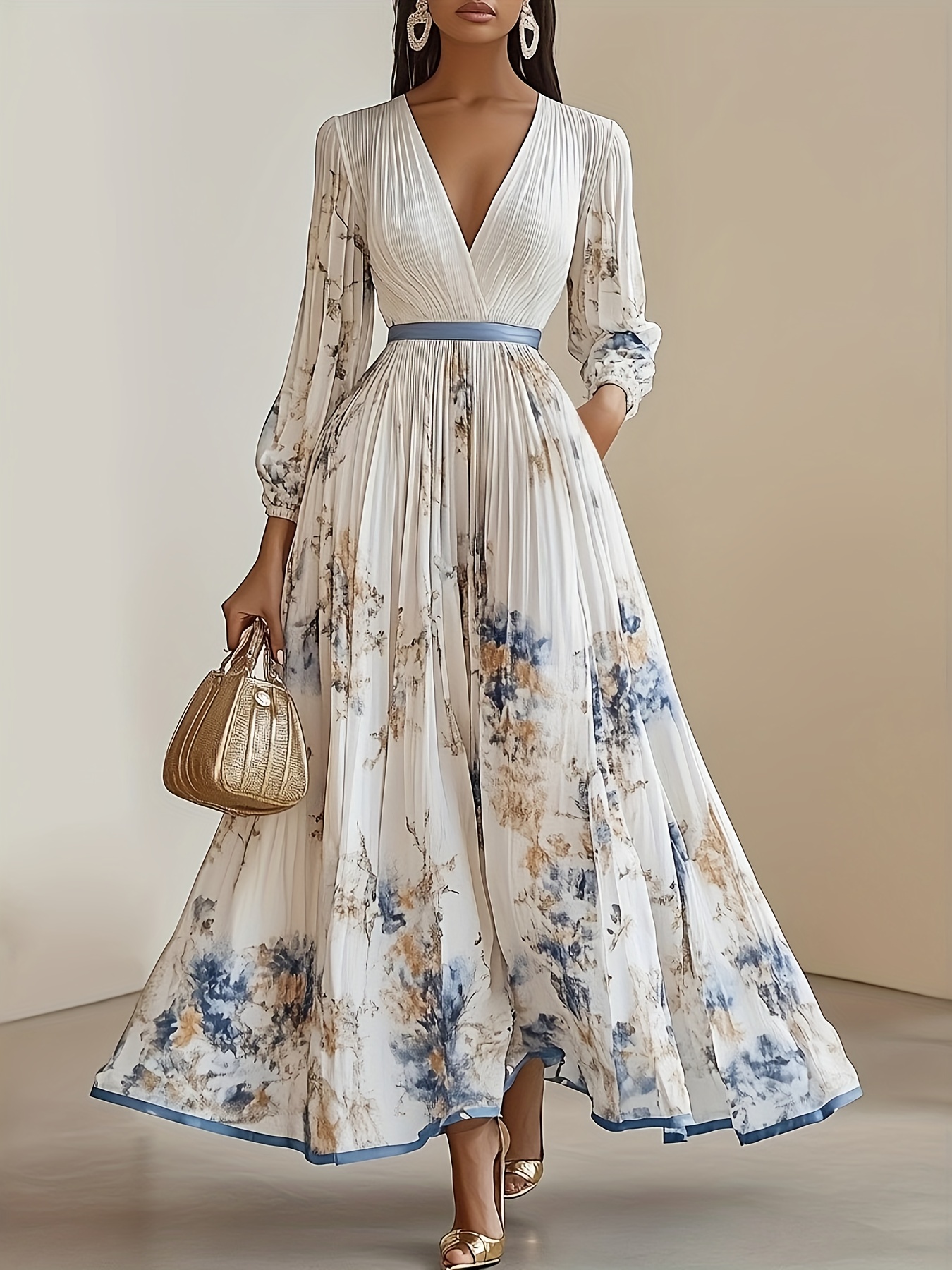 Women'S Bohemian Floral Print V-Neck Long Sleeve Waist-Cinched Pleated  Dress with Puff Sleeves, Suitable for * Casual And Formal Occasions * And  Autumn, Machine Washable, Elegant Style, Made from Soft 
