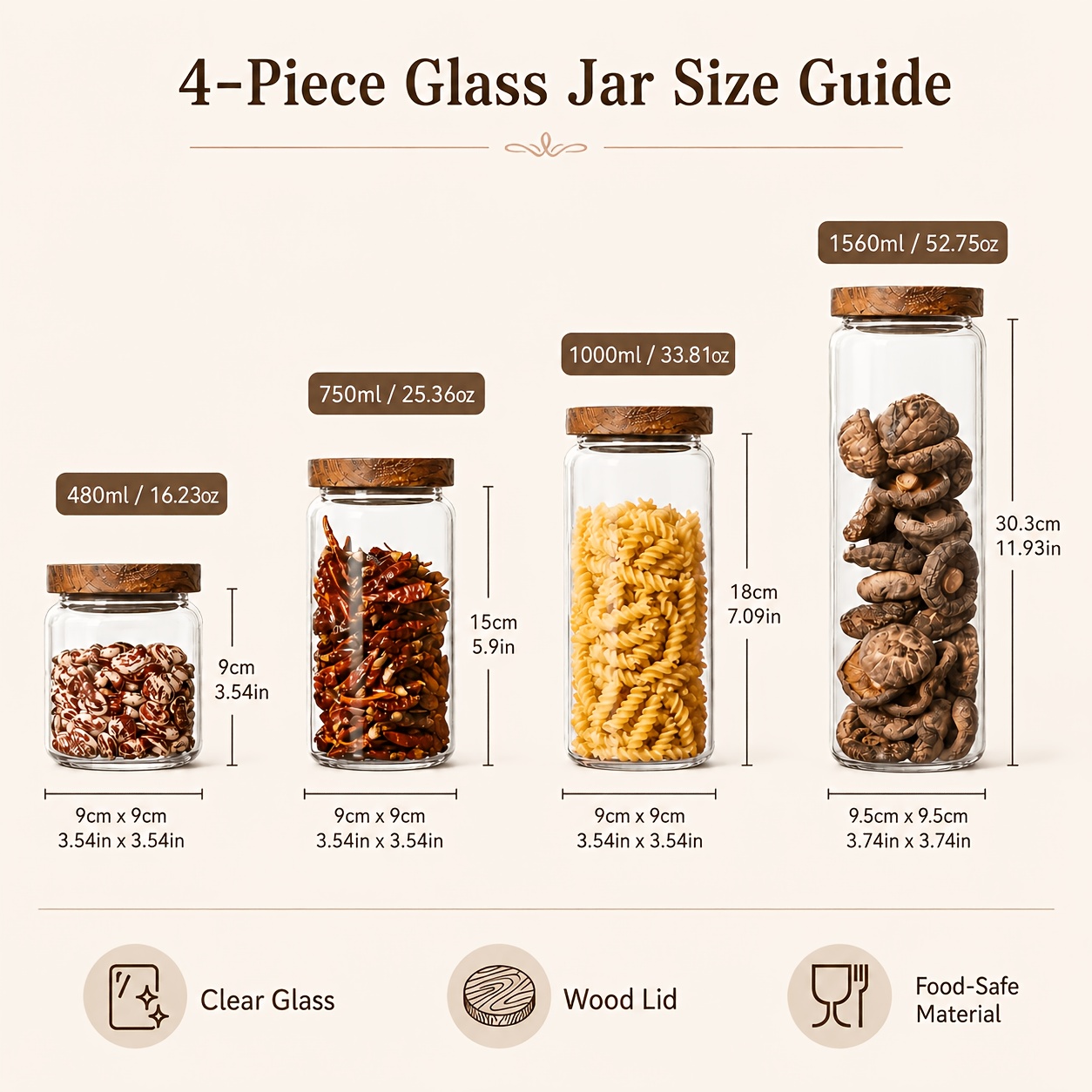 TEMU 4pcs Sealed Glass Storage Tank With Wooden Lid - Food Grade Transparent Kitchen Storage Container For Coffee Beans, Spices, Snacks And - Durable