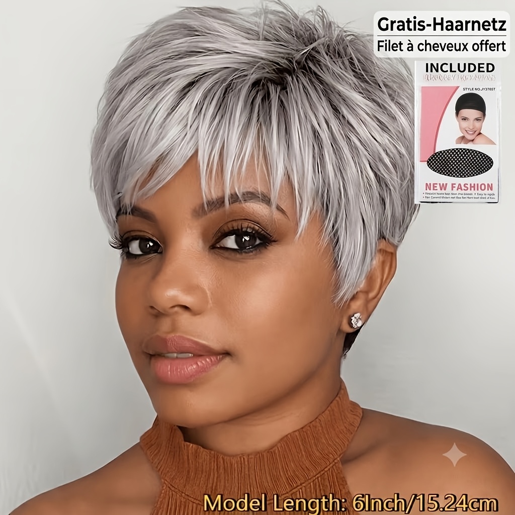 Image of Elegant Short Wig With Bangs, Net，lace-, Glue-, Brazilian Wig, Suitable For Women, Gray, 15.24cm Wig, Suitable For Women Of Tones，