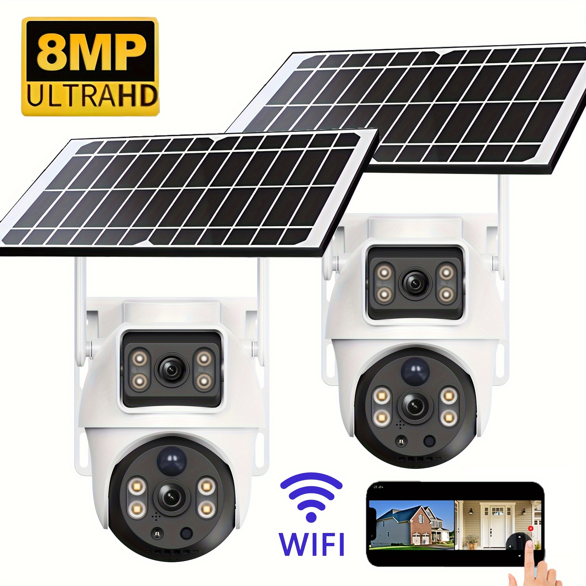 TEMU 2pcs 8mp Outdoor Wifi Solar-powered Home Security Hd Camera With Dual Lens And Screen, 360° Ptz, Ai Humanoid Detection, Motion Tracking,