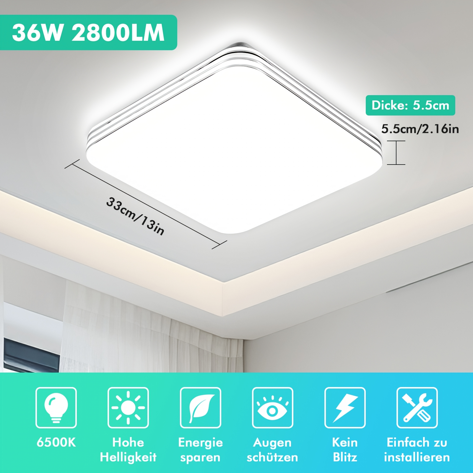 TEMU 5pack 36w 6500k Square Ceiling Light Lamps Downlight, White Modern Ceiling Light, Suitable For Living Room, Office, Indoor , Garage Indoor