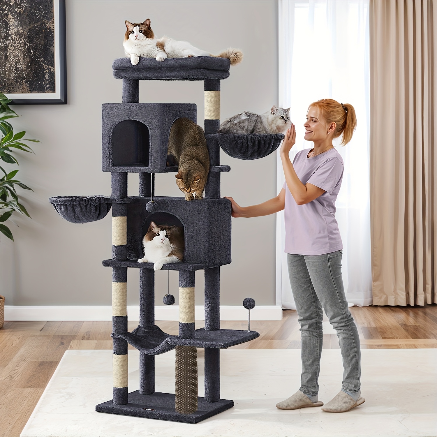 multi level cat tree tower with 2 caves 5 scratching posts self groomer plush perches sturdy cat condo for indoor climbing scratching play