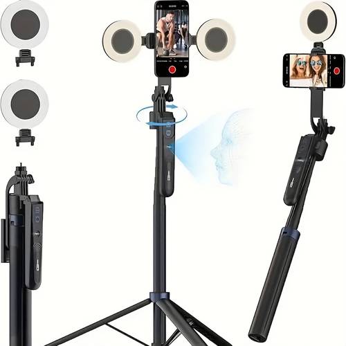 tracking tripod 360 rotation with light 180cm phone tripod selfie stick with remote for cell phone 4 sensor phone tripod for vlog live stream video recording floor lamp