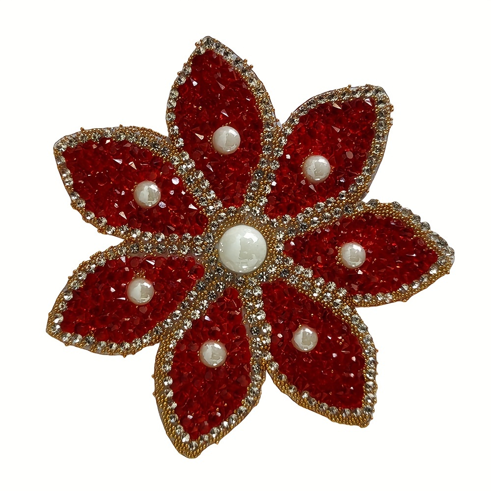 

1pc Luxurious Red & Golden Floral Patch With Pearl Accents - 8.8cm X 8.8cm Iron-on Sequin Applique For Diy Fashion, Dresses & Clothing Accessories, Applique For Dress