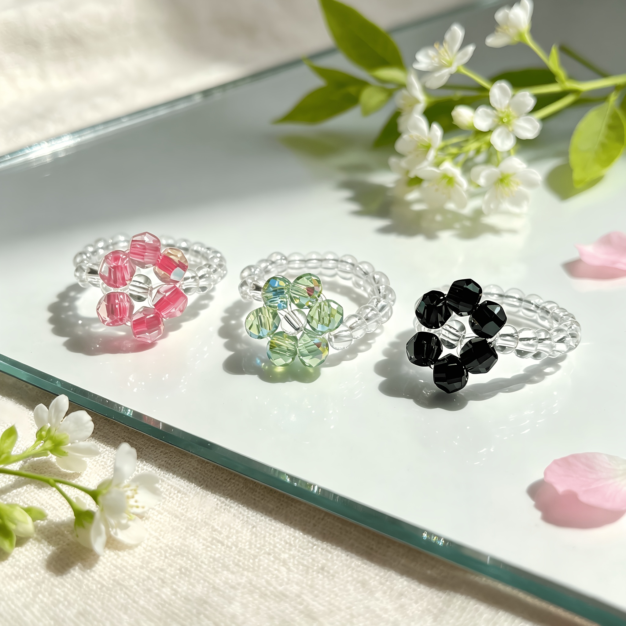 Women's Adjustable Elastic Cord Flower Shape Ring with Crystal