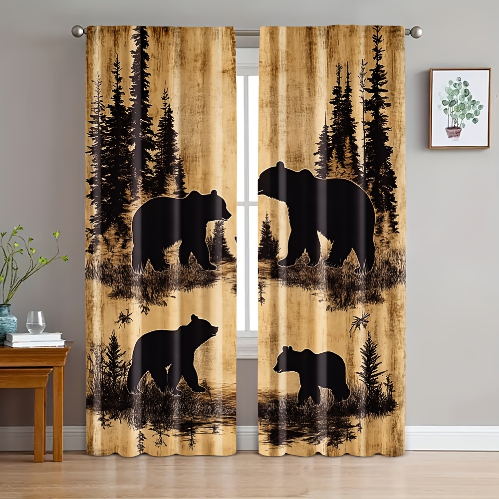 

2pcs Blackout Bear & Landscape Window Curtains, % Polyester Knit Woven Rod Pocket Drapes, Machine Washable, Contemporary Style For Bedroom & Rooms, -120 Gsm