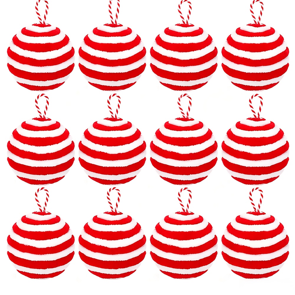 TEMU 12 pezzi di 6 cm di nuovi ornamenti da appendere in peluche a righe rosse e bianche stile natalizio, ciondoli festivi e decorazioni da appendere