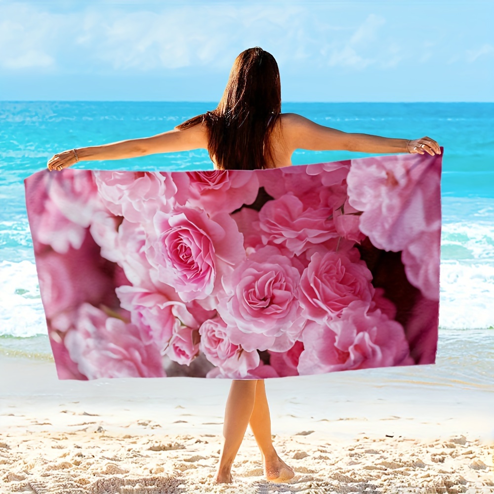 Oversized Pink Rose Print Beach Towel Soft Durable Polyester_voghion.com