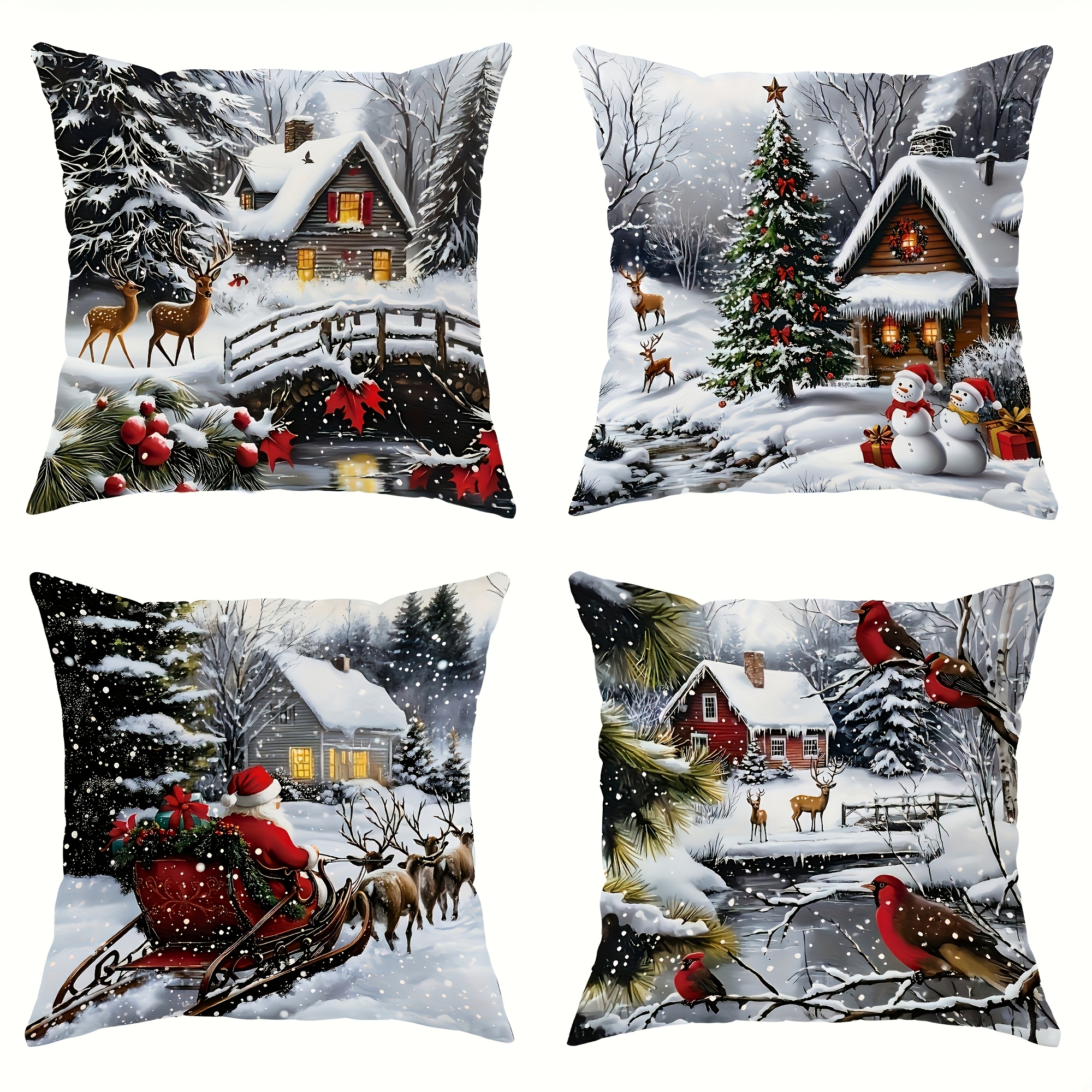 TEMU 4pcs Christmas Pillow Covers, Snowman Santa Reindeer Pattern, Double Sided Print Polyester Cushion Covers With Zipper, Machine Washable For Sofa