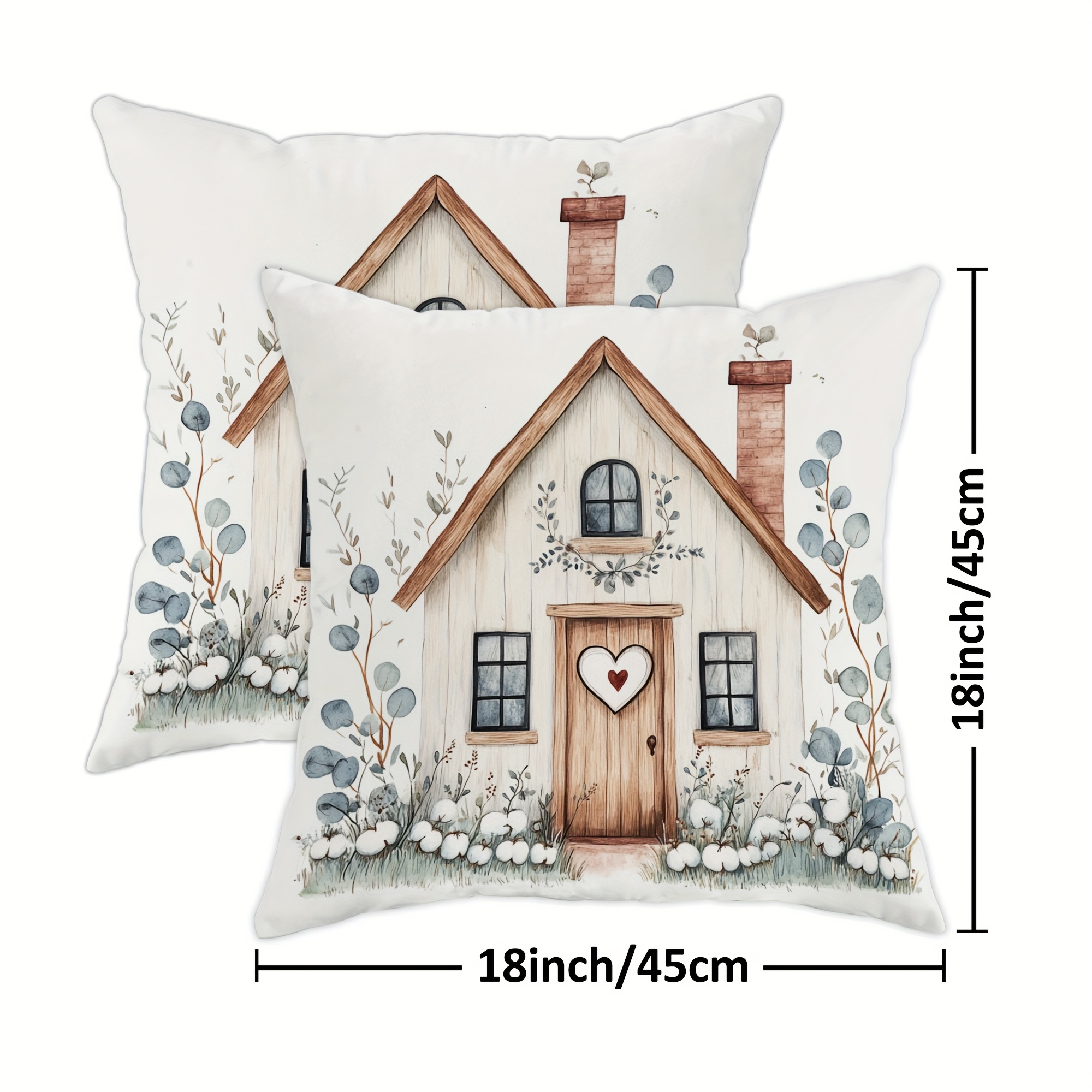 TEMU Ensemble de 2 housses de coussin décoratives avec un motif aquarelle de style cottage, cœur et plantes d'eucalyptus, parfait pour et l'été. Ces