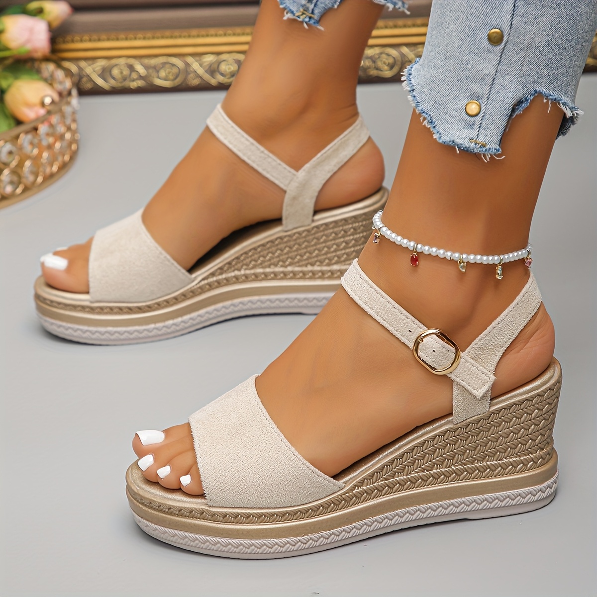 sandali zeppa stile mocassino beige donna cinturina Temu Italy - Main Image