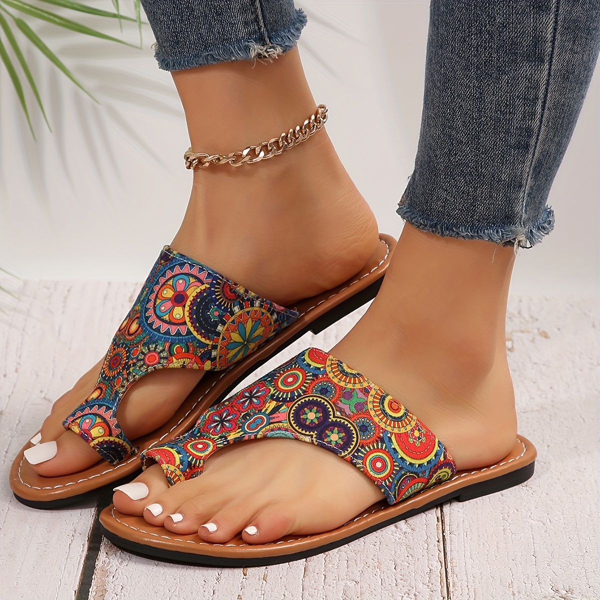 womens flower pattern slide sandals casual loop toe summer shoes lightweight slip on slide sandals details 1