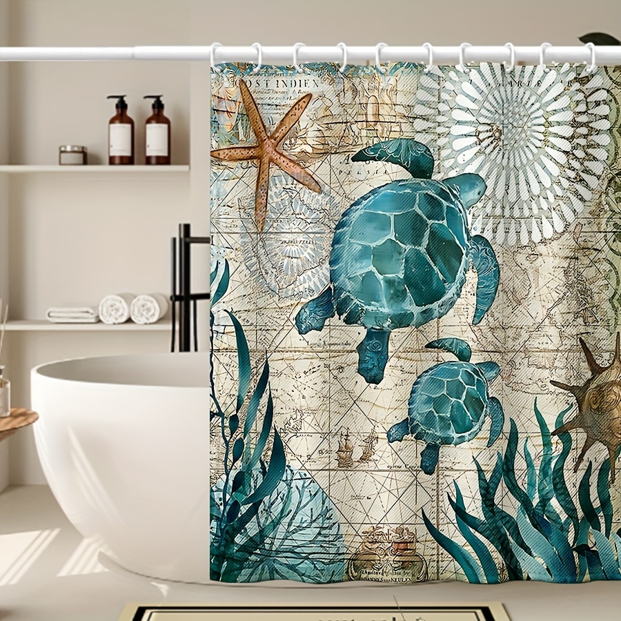 

Turtle Pattern Shower Curtain, Modern Stylish Home Bathroom Water-resistant Polyester Bath Partition With 12 Free Hooks, Animal Print Grommet Ocean Theme Unlined Woven Curtain For All Seasons