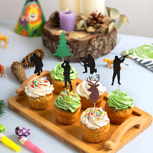 16pcs hunting theme cupcake toppers tree hound picks woodland hunting theme decorations for party birthday mardi gras reunion