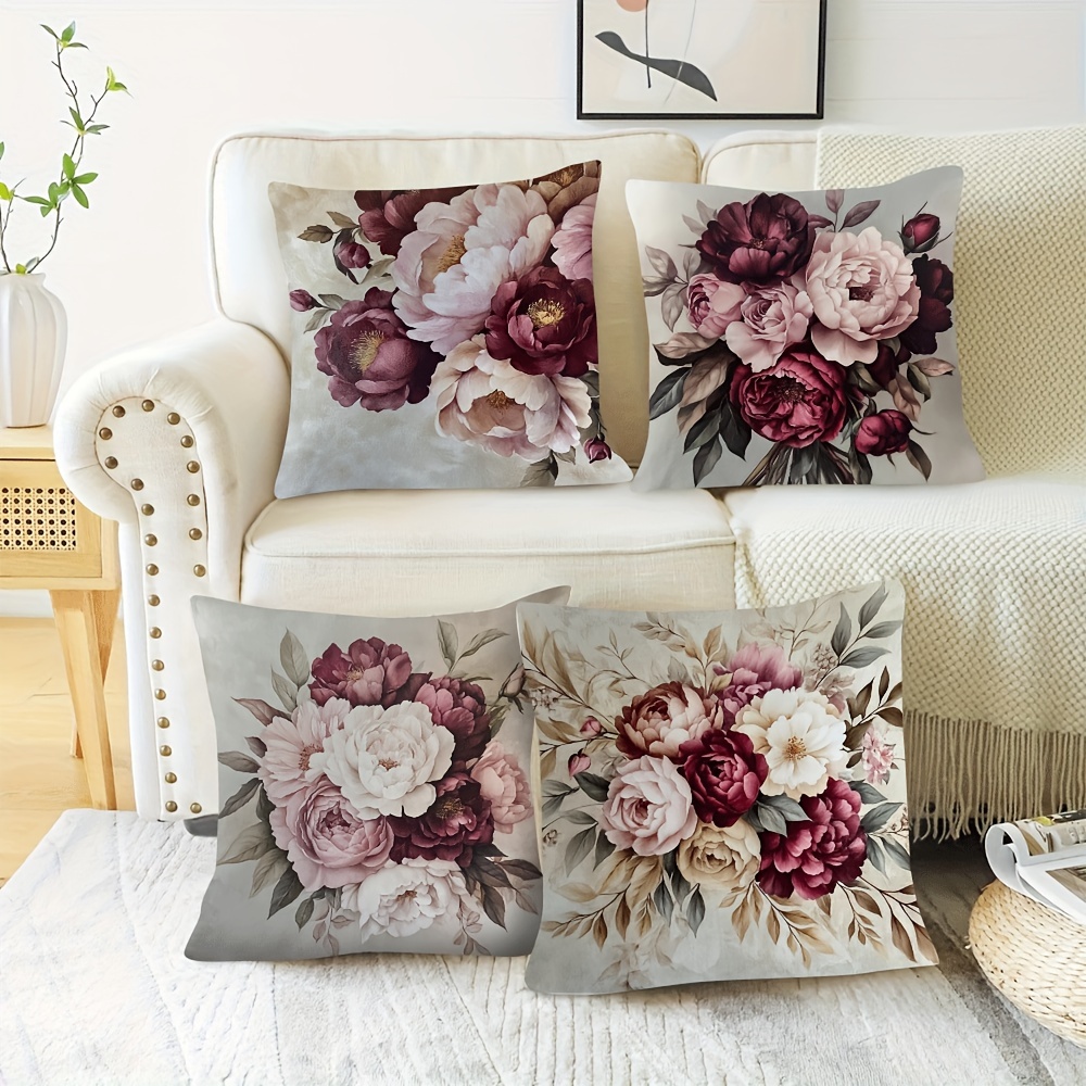 

4pcs Watercolor Short Plush Pillow Cover For Living Room, Bedroom, And Office Decor Featuring Peonies And In Burgundy, Pink, And Dusty Rose On A Neutral Background 18×18inch/45×45cm