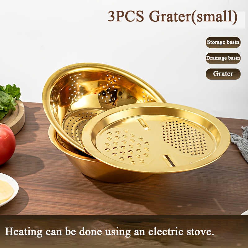 TEMU 3pcs/set Colander Set Stainless Steel Vegetable Slicer Peeler Carrot Grater Strainer Utensil Round Rice Washer Bowl Drain Basket-golden, Rice