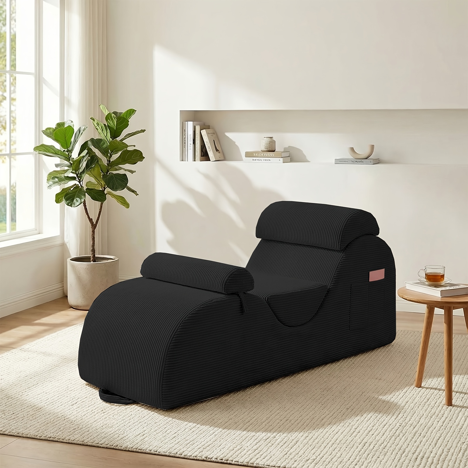 Striped Adult Yoga Chair, Indoor Toilet Chair with Side Pockets, Headrest, Lumbar Cushion, Movable Footrest, Curved Yoga Sofa for Relaxing And Stretching in Bedroom, Black