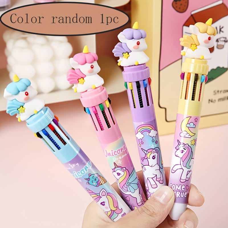 

10-color Retractable Ballpoint Pens, Cartoon Unicorn Rainbow Design, Medium Point, Stick Construction, Personalized Plastic Pens For Ages 14+, Pack Of 1 (color Random)