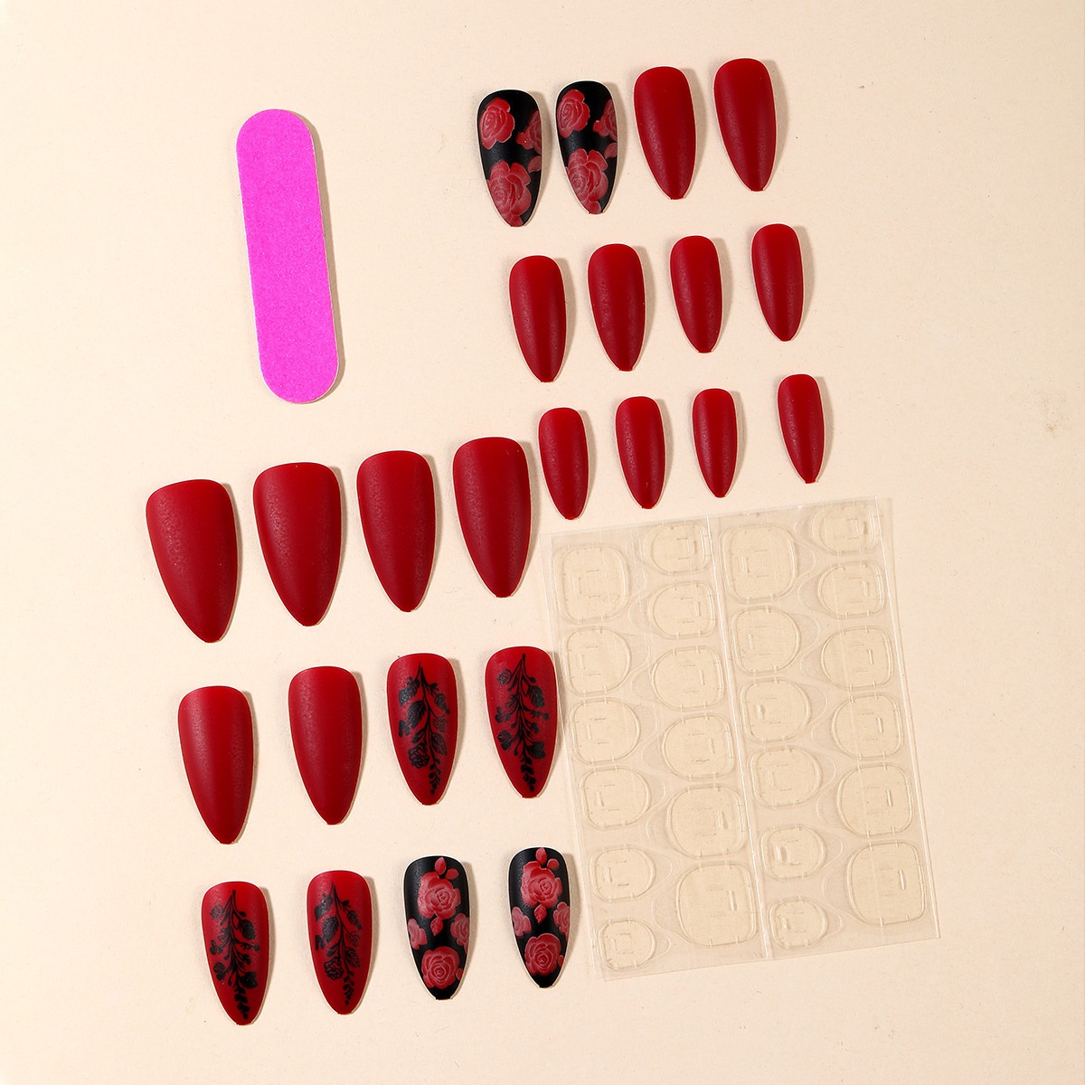Image of 24 Rose Press-on False Nails - Matte Short Almond Shape With Burgundy And Black . Reusable False Nails Suitable For Parties, Weddings, And Valentine's Day Gifts. - Matte End, Floral Pattern