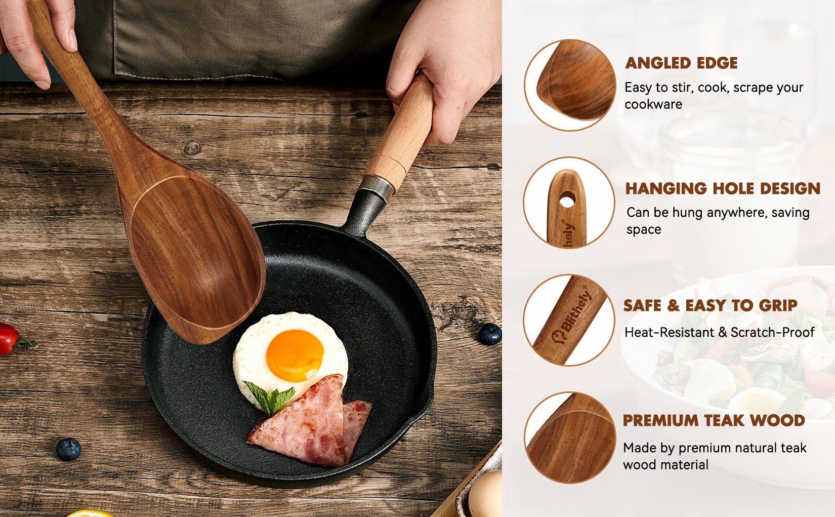 2pcs teak wood cooking utensils set corner spoon and slotted spoon nonstick smooth wooden cooking spoon set heat resistant wooden cooking utensils for cooking serving and mixing details 1