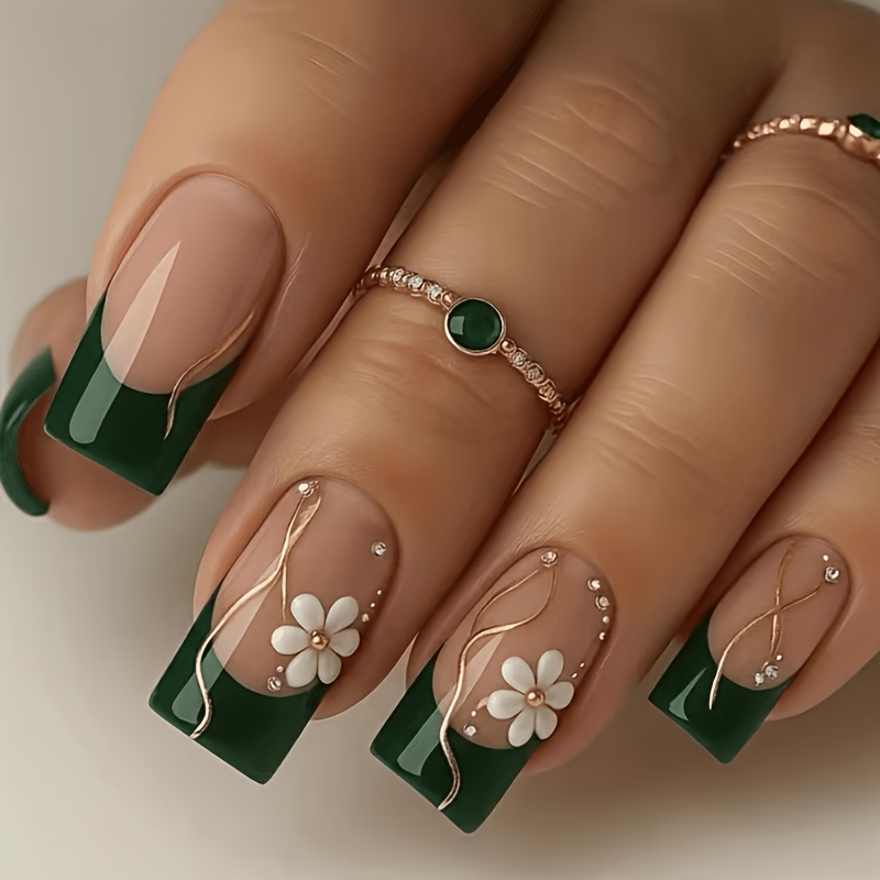 TEMU Upgrade Your Look With 24pcs Of Wearable Nail Art Patches, Versatile Design, Temperament Enhancing, Skin-brightening, Emerald Green, Luxury ,