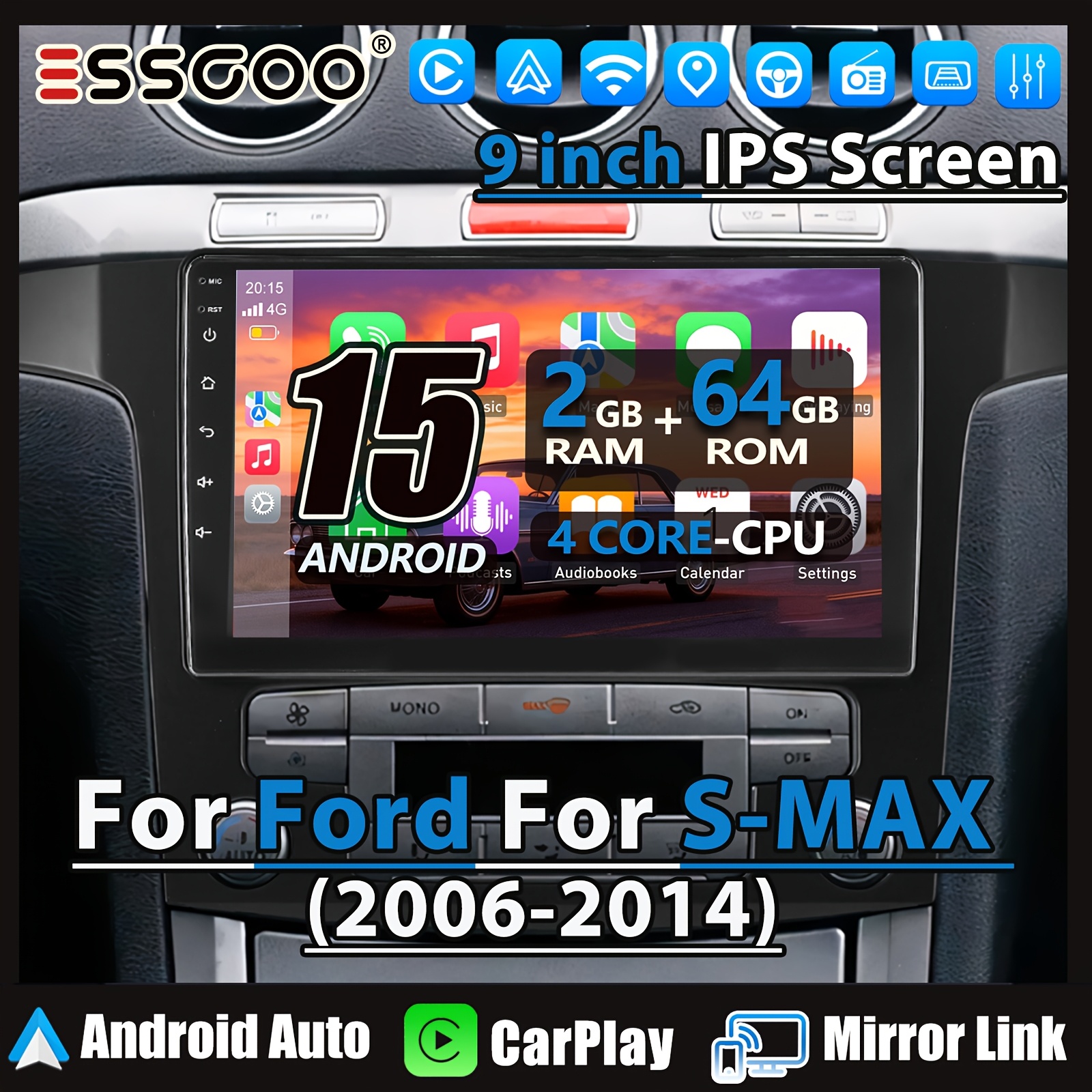 Image of Essgoo 15 Car Stereo For Ford For (2006-2014) 9 Inch Ips Touchscreen 2gb+64gb Auto Radio & Auto Steering Wheel Control(swc) Fm Radio Asp Eq Sounding Multimedia Player Car Additions