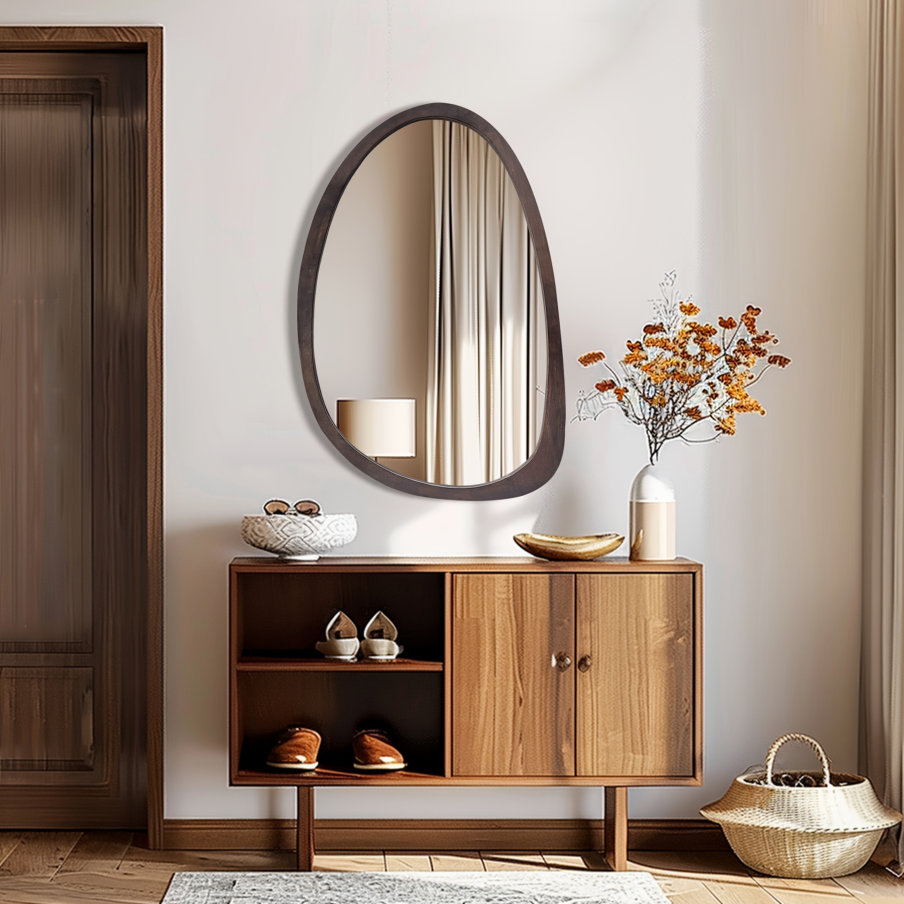 Vintage Asymmetrical Wall Mirror 70×50cm - Irregular Solid Wood Frame, Classic Wall-Mounted HD Makeup Mirror Home Decoration, Vertical/Horizontal, Ideal for Bedroom, Living Room, Entryway Decor, Wall Decor, Formaldehyde-free