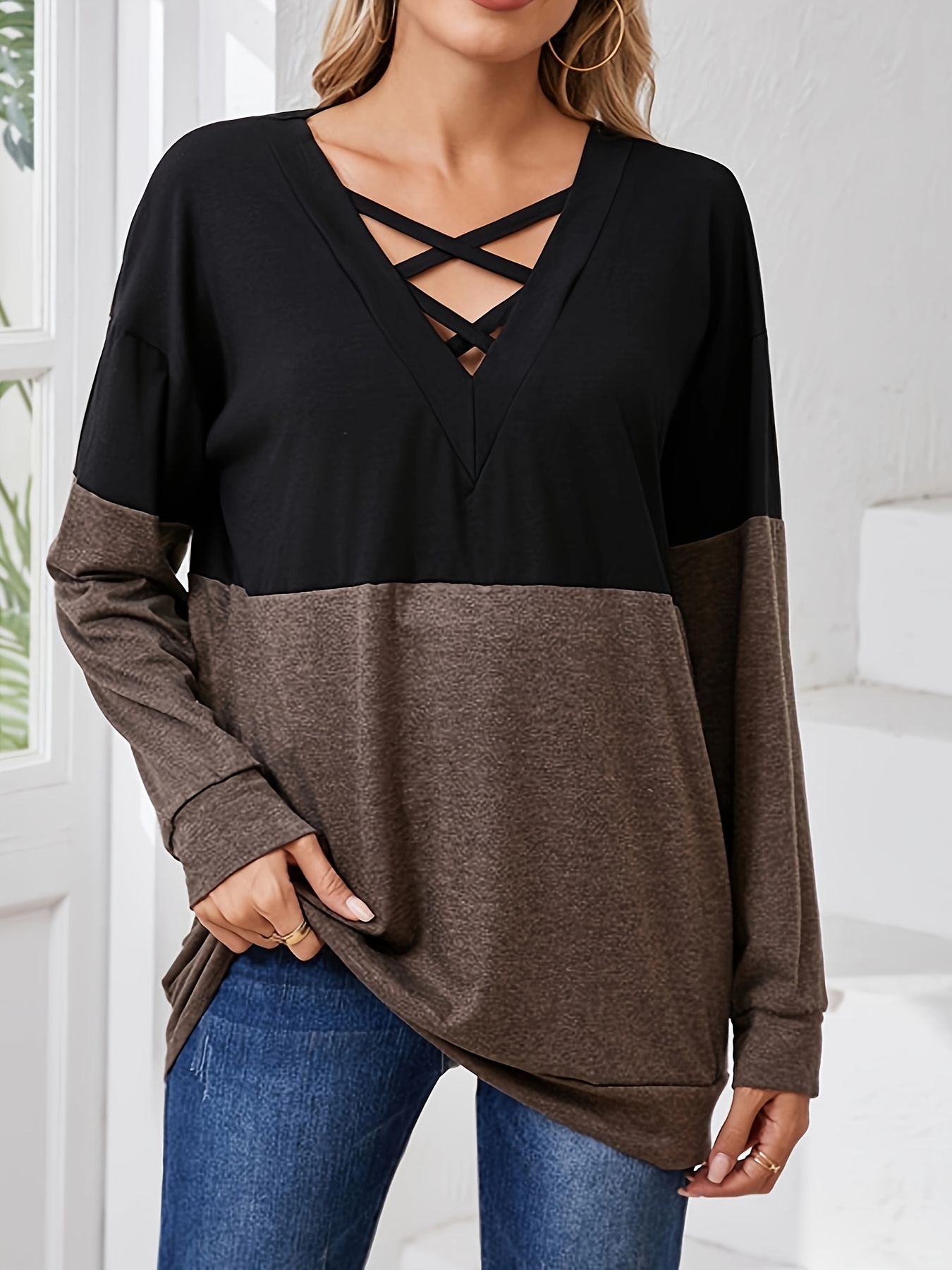 Plus Size, Women's Casual Long Sleeve T-Shirt - Color-Blocked V-Neck Cross-Strap Design, Black & Olive Green, Machine Washable, Spring Summer Fall Essential, Everyday Outfit, Stylish Pullover, Comfortable Fit, Pullover Top, Casual Attire