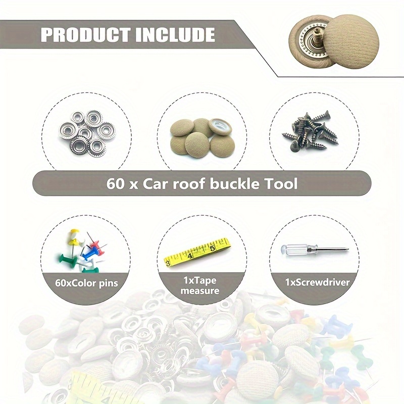 60pcs car roof headliner repair kit vehicle roof snap rivets retainer with installation tool auto interior ceiling cloth fixing repair button suitable for most cars truck suv uv car 3 colors for your choose 3