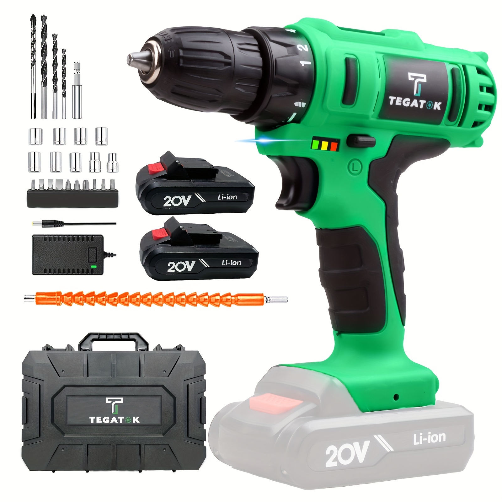 

Tegatok 20v Cordless Drill Set, Rechargeable Drill Driver With 2ah Battery, 3/8-inch , 18+1 Position Drill, 2- Transmission For Screwdriver And Drilling