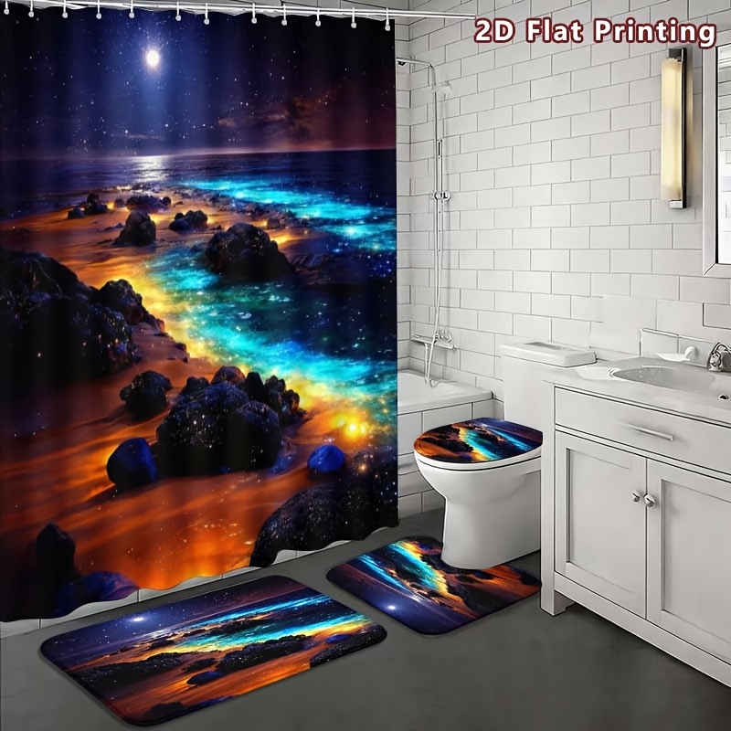 4pcs Ocean Night View Shower Curtain Set with U-Shaped Pad