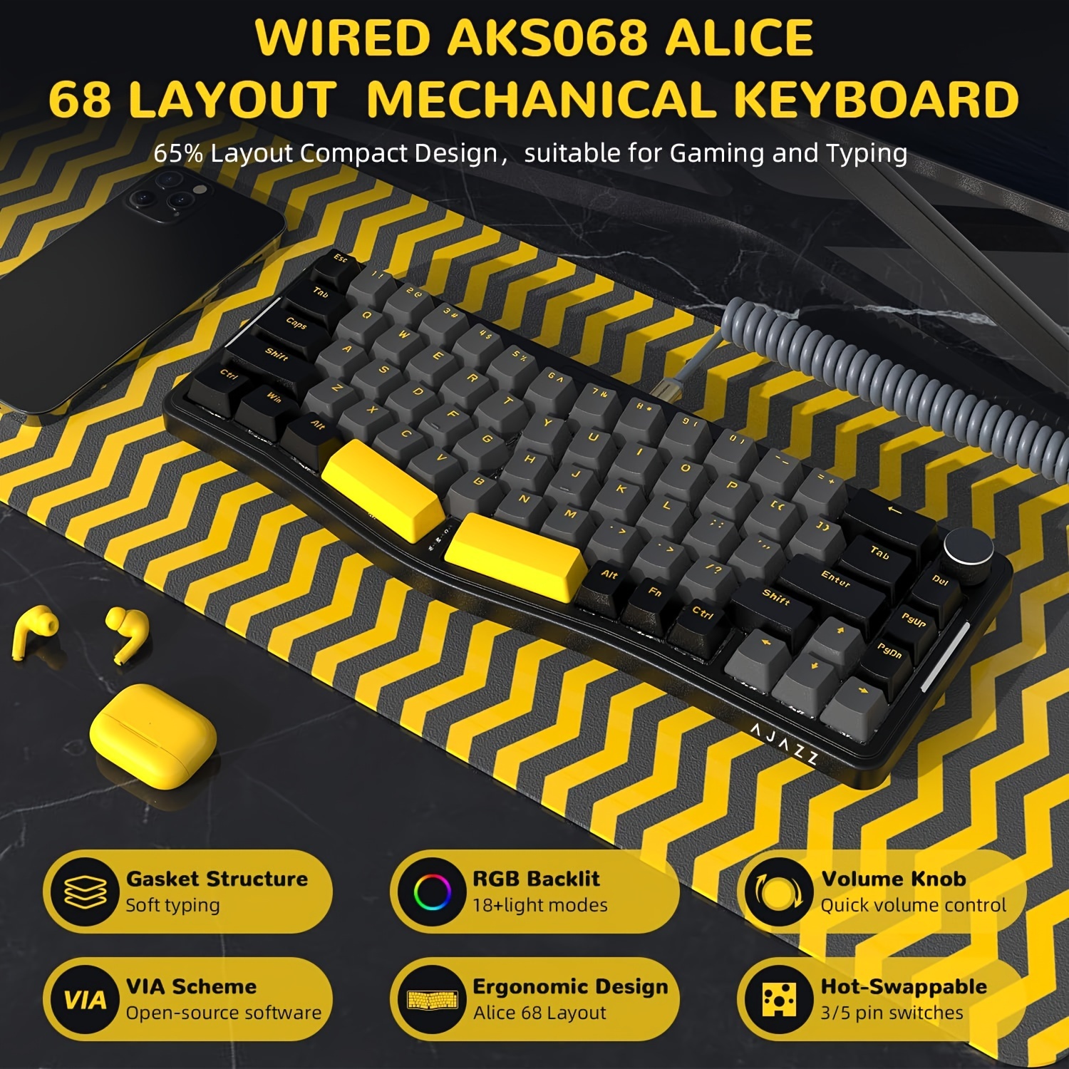 

Shark X Aks068 Wired Mechanical Gaming Keyboard With Coiled Usb C Cable, Gasket Mounted 68 With Cnc Knobs, Hot-swap /5pin, Via Programmable Driver, Rgb , Pbt Keycaps, For Pc/laptop/windows/mac