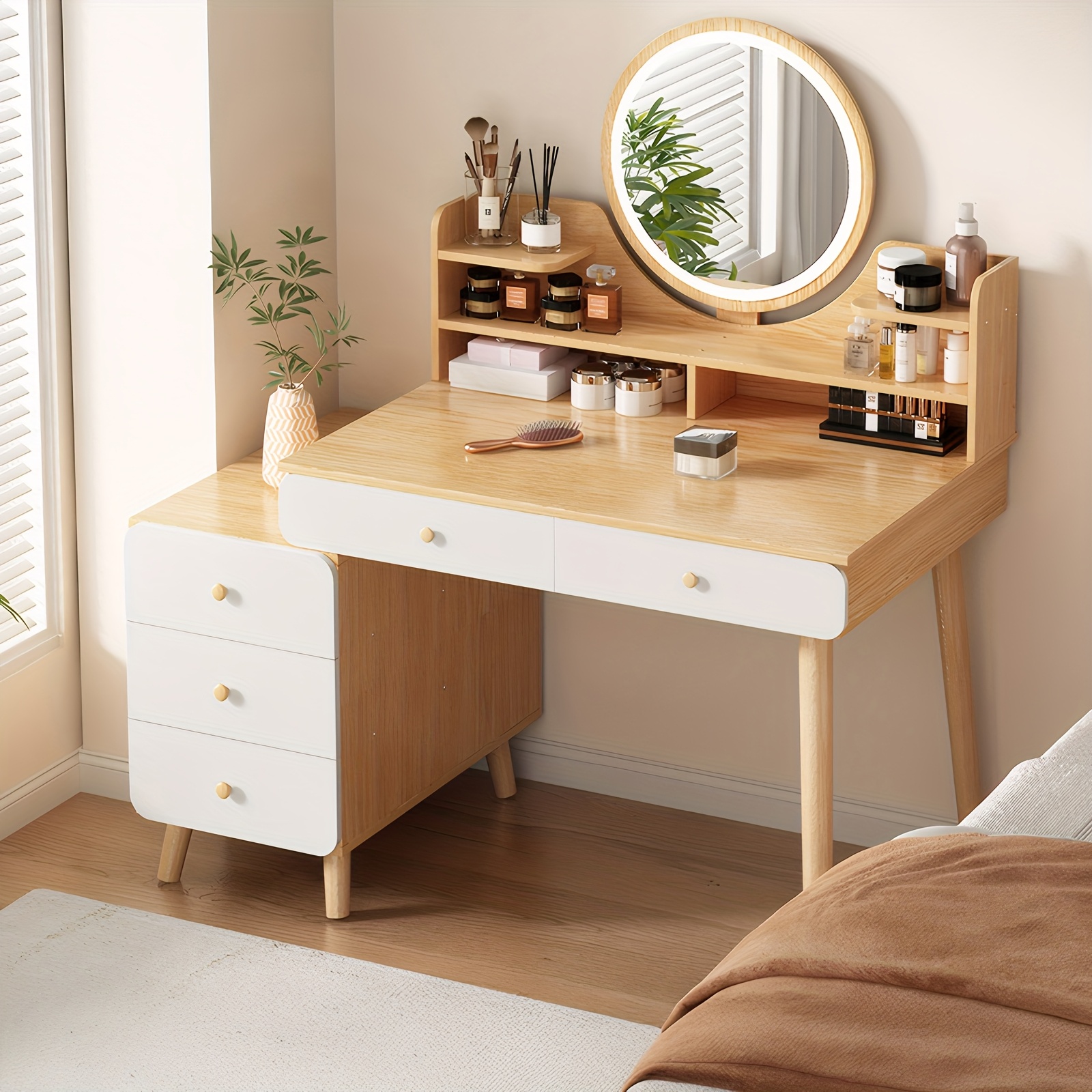 Modern Scandinavian White & Wood Dressing Table With 5 Drawers & 5 Shelves, Retractable Storage Cabinet, Space- Design, Easy Assembly