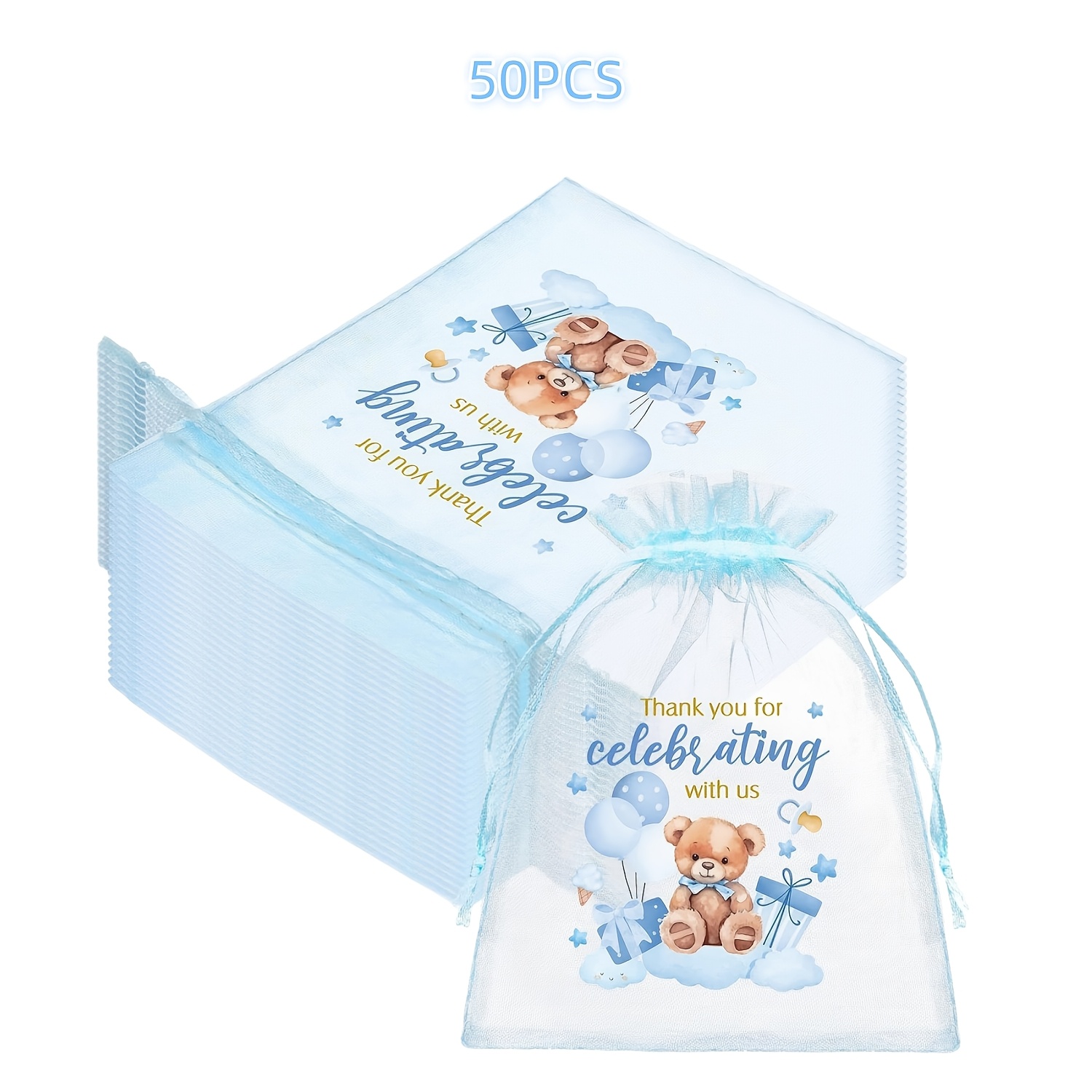 TEMU Gift For Her/him 50pcs Pack Blue Bear Balloon Drawstring Gift Bags Suitable For Weddings, Showers, Birthdays - Adorable Bear Balloon With