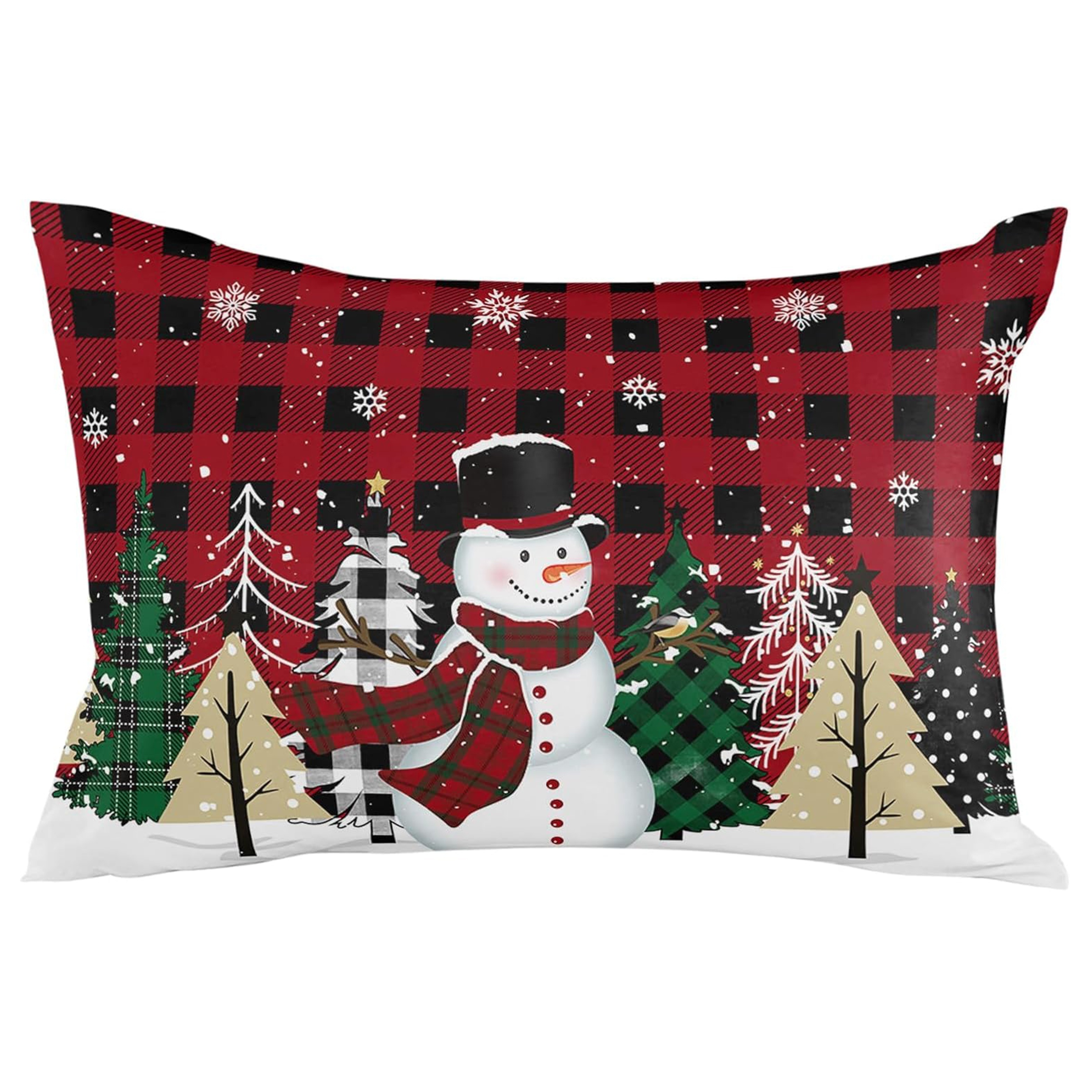 

Merry Christmas Snowman & Tree Pillow Cover - Soft Red With Zipper Closure, Bedroom, Sofa, Or Car Decor (pillow Not Included)